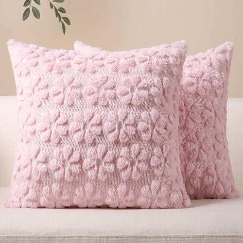 Softalker Spring Summer Throw Pillow Covers 18 x 18 Inch Set of 2, Farmhouse Decorative Floral Daisy Soft Faux Fur Cushion Covers, 3D Pillow Cases for Couch Bedroom Living Sofa Room Home Decor, Pink