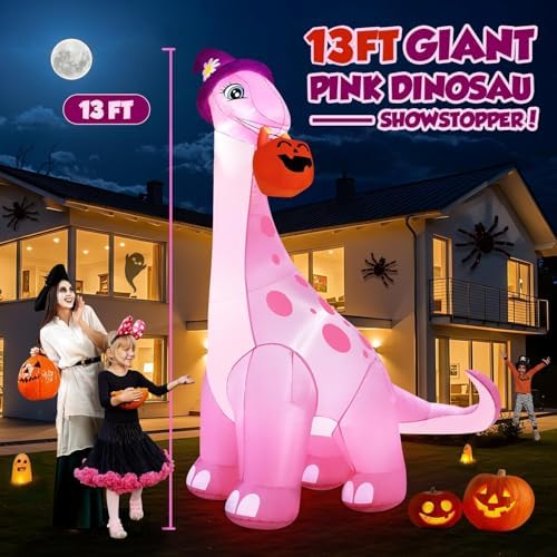 zukakii 13FT Giant Halloween Inflatables Decorations Outdoor Pink Dinosaur, Huge Halloween Blow Up Yard Decorations Dino with Large Pumpkin Witch Hat Build-in LED Light Strong Blower for Party Lawn
