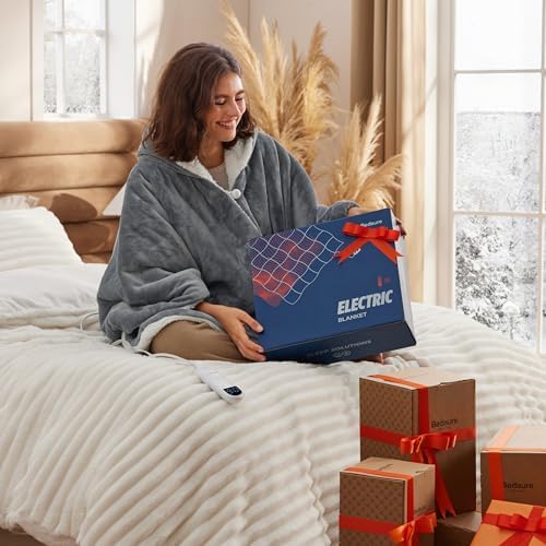 Bedsure Wearable Heated Blanket Hoodie Shawl, Gifts for Mom, 55"x64", Grey