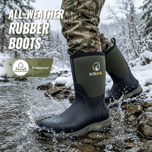 Kalkal Rubber Boots for Men, Waterproof Insulated Mid Calf Mens Rain Boots