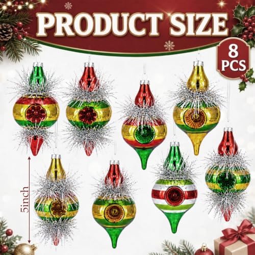 Soulchen 8 Pcs Vintage Glass Christmas Tree Drop Finial Ornaments for Tree