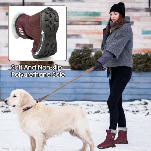 Almusen Snow Boots for Womens Winter Shoes: Warm Fur Lining Mid Calf Boots Women Anti Slip Waterproof Hook Loop Comfortable Outdoor Boot