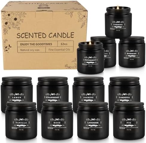 Howemon Scented Candle Set 12 Pack,Black, Candle for Home Scented, Odor Eliminating, Stress Relief, Long Lasting Soy Wax Gift Set