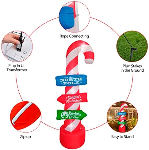 8ft Outdoor Candy Cane Stacking Sign Inflatables with LED Lights - Blow Up Yard, Garden, Lawn Decorations for Christmas Parties