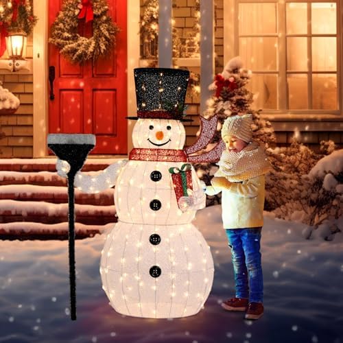 VINGLI 5FT Outdoor Snowman Christmas Decorations, Lighted Outdoor Snowman w/200 LED Lights, Tall Hat, Red Scarf, Ground Stakes, Zip Ties for Indoor, Yard, Outside Xmas Decor