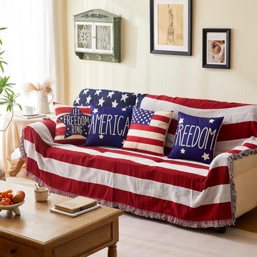 4th of July Pillow Covers 20x20 Inch,Set of 4 Patriotic Red White Blue Summer Outdoor Throw Pillow Covers,Independence Memorial Day USA Flag Linen Fourth of July Cushion Case for Sofa Couch Decor