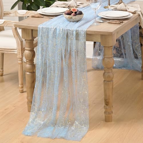 Artoid Mode Gold Gauze Light Blue Table Runner 120 Inch 10FT, Glitter Metallic Foil Sheer Dining Wedding Anniversary Holiday Birthday Table Decor for Home Party