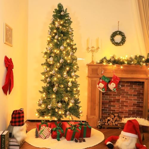 31 Pcs 6 Ft Artificial Slim Christmas Tree with 200 LED Warm White String Lights 30 Silver Ball Ornaments Skinny Thin Pencil Tree with Metal Stand for Home Xmas Holiday Party Decoration