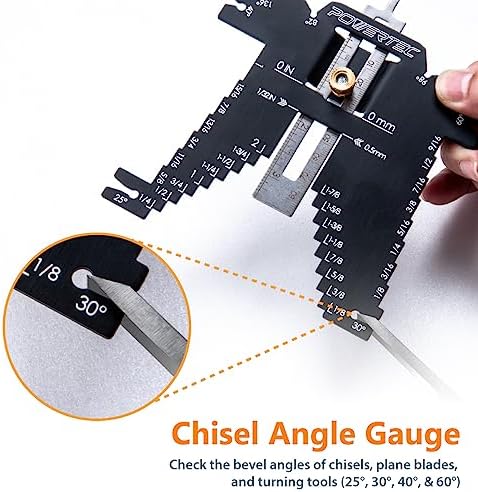POWERTEC Universal 5-in-1 Step Depth Gauge for Measuring Chisel Angles, Drill Points, and Setting Router Bit, Saw Blade Heights – Compatible with Table Saw and Router Table – Woodworking Tools (80023)