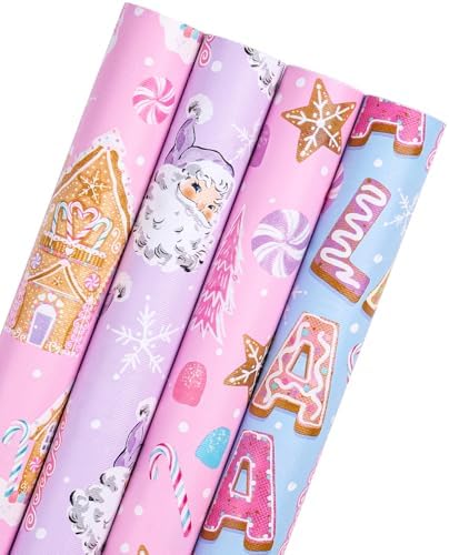 WRAPAHOLIC 30 Inch Christmas Wrapping Paper Roll - Jumbo Roll Pastel Pink Purple Gingerbread House and Santa Claus Design with Embossed - 4 Rolls - 30 Inch x 120 Inch Per Roll