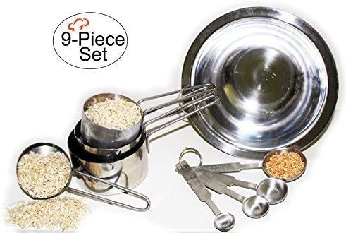 TigerChef 9-Piece Deluxe Stainless Steel Measuring Cups and Measuring Spoon Set and Bonus Mixing Bowl
