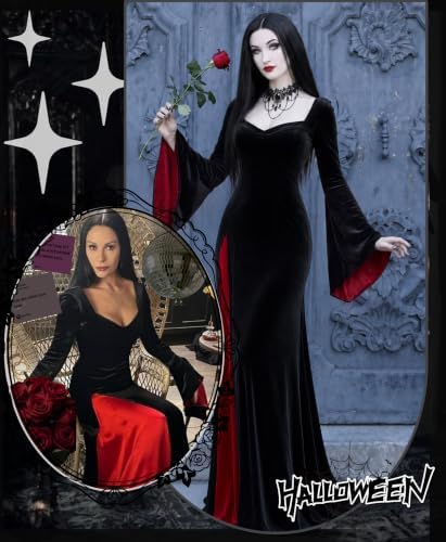 Aileam Morticia Addams Costume Halloween Morticia Addams Dress Gothic Witch Costume Women Velvet Black Outfit Cosplay Party