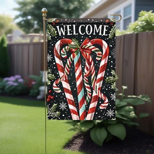 Christmas Garden Flag Candy Cane Flag Welcome Holiday Yard Banner 12x18 Inch Double Sided Winter Xmas Outdoor Lawn Decoration Seasonal House Porch Patio Decor for Farmhouse Outside