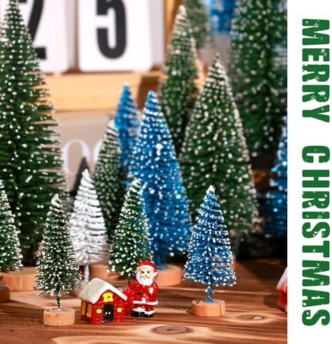 30Pcs Mini Christmas Trees Artificial Christmas Tree Bottle Brush Trees with Wooden Base for Christmas Decor Christmas Party Home Table Craft Decorations(Green+Blue+White)