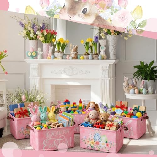 CHENGU 6 Pack Easter Storage Bin Collapsible Cute Easter Basket for Gift Large Pink Bunny Eggs Holiday Decor Rabbit Hunny Bunny Basket Foldable Farmhouse Flower Box with Handle for Bedroom Office Home