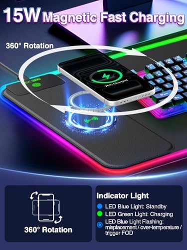 RGB Gaming Mouse Pad with 15W Magnetic Wireless Charging, 31.5'' x 11.8''
