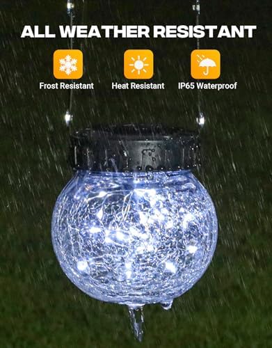 PARTPHONER Solar Lights Outdoor Waterproof 12-Pack, Solar Powered Hanging Lantern Cracked Glass Hanging Globes for Yard Decor Christmas Decoration, Shepherd Hook, Garden Tree Ornaments, Cold White