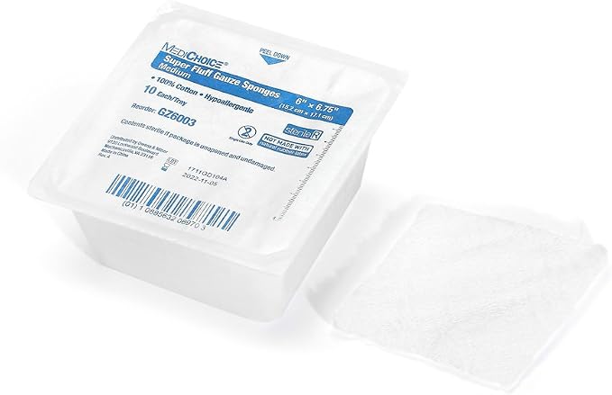 MediChoice Super Fluff Gauze Sponge, Sterile, Hypoallergenic, 6x6.75 Inch, White, 1314GZ6003 (Case of 48)