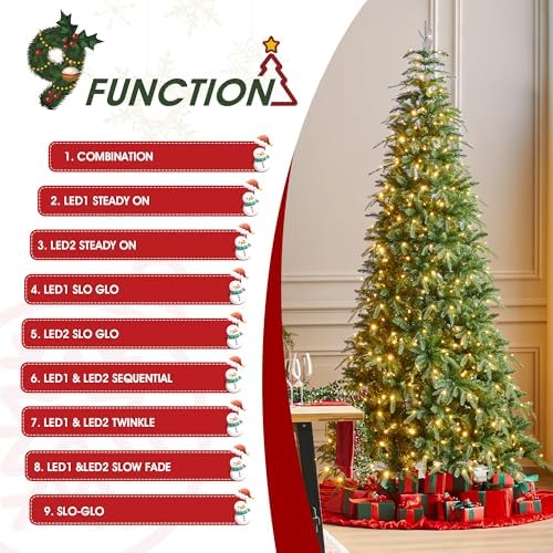Glitzhome 9ft Prelit Christmas Tree, Slim Christmas Tree Artificial Tree Radiant Evergreen Fir with 650 Warm White/Multi-Color LED Lights, 9 Function, w/Remote Control & Metal Base, Easy Assembly
