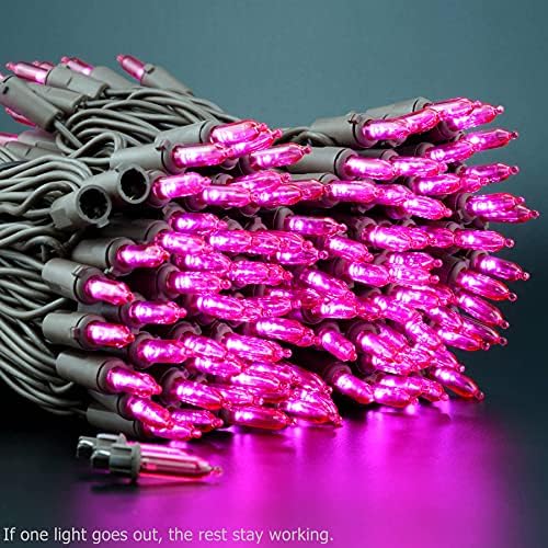 YULETIME 200 Pink LED Christmas Lights, 66 ft Brown Wire UL String Light