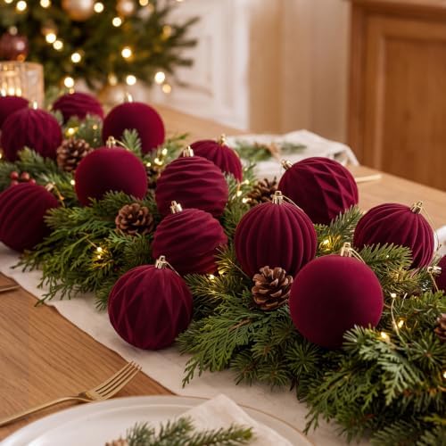Liliful 4 Inch 12 Pcs Velvet Christmas Ornaments Balls, Burgundy Red