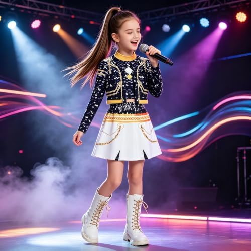 Golden Pop Performer Costume Kids Girls Halloween Costumes with Accessories