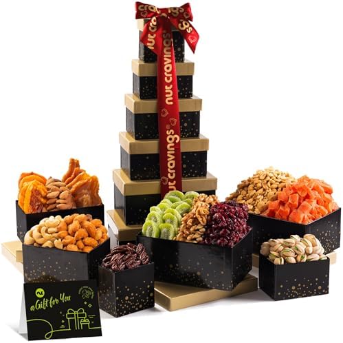 NUT CRAVINGS Dried Fruit & Mixed Nuts Black Gift Tower, 12 Assortments