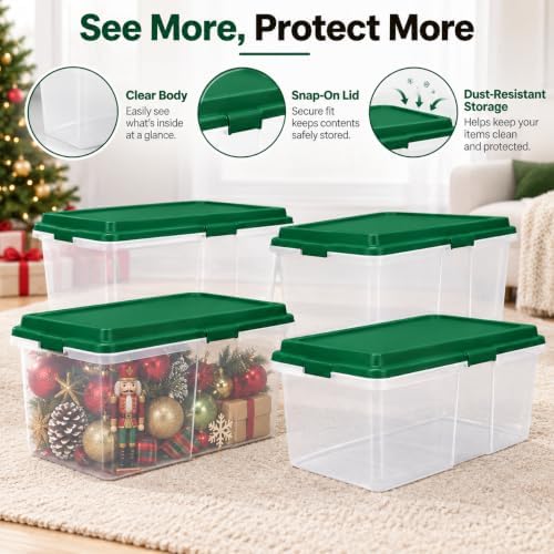 113 Qt Christmas Storage Bins with Lids, 4 Pack Clear Plastic Containers