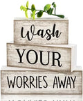 Moucuny 3 Pcs Laundry Room Decor Wood Block Signs Wash Your Worries Away