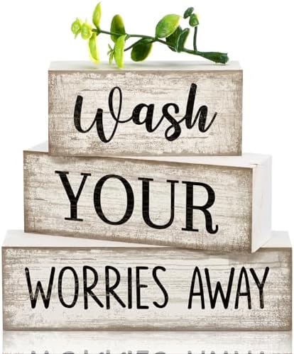 Moucuny 3 Pcs Laundry Room Decor Wood Block Signs Wash Your Worries Away