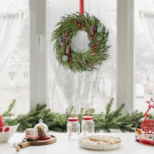 Christmas Decorations, 22 Inch Norfolk Pine Wreath with Pine Cones, Berries