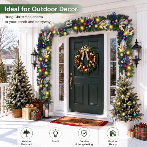 Riceshoot 6ft Peacock Christmas Garland LED Lights Purple Blue Gold Mantle