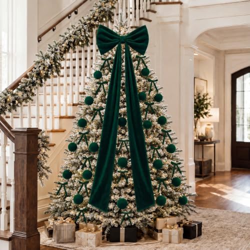 49 Pcs Dark Green Brown Christmas Tree Decoration Set with Velvet Bow Ball