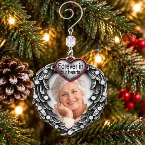 Memorial Photo Ornament for Loss of Loved One, Forever in Our Hearts Silver Heart Ornament with Angel Wings, Personalized Picture Memorial Christmas Ornament, Sympathy Gift, 3 Pack with Storage Bag