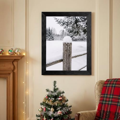Framed Winter Fence Canvas Wall Art, Snow Scene, Black Frame Inch 16x20