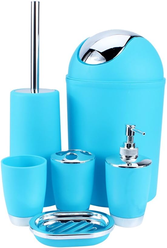6 Piece Bathroom Set Eco-Friendly Resin Bathroom Accessories Set Glass Cup Toothbrush Holder Soap Holder Hand Sanitizer Bottle Trash Bin and Toilet Brush Cleaning Tool Accessories for Bathroom