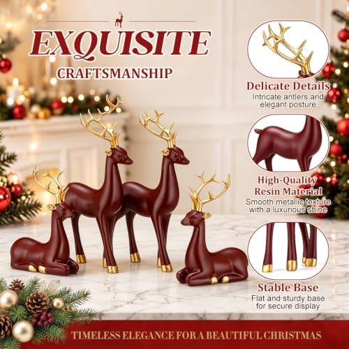 Thyle 4 Pcs Christmas Reindeer Decor Indoor Claret Resin Deer Figurine