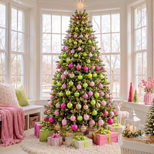 Lunmon 64 Pcs Lime Green Pink Christmas Ornaments Sets Polka Dot Xmas Balls