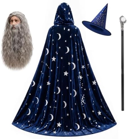 Wizard Costume Men with Wig Wizard Outfit Adult Warlock Robe