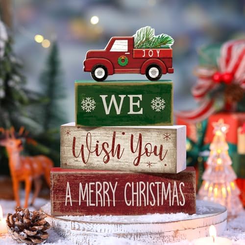 Lineshading 4 Pcs Wooden Red Truck Christmas Decor Block Signs