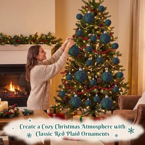 36 Pcs Christmas Tartan Plaid Ball Ornaments, Large Size, Blue