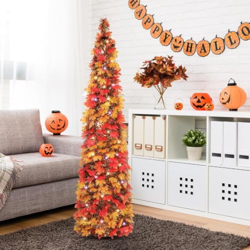 N&T NIETING Fall Tree Home Decor, 5FT Pop Up Tree with Lights & Timer & 8 Modes, Collapsible Tinsel Pencil Tree for Autumn Harvest Porch Thanksgiving Party Decorations, Fall Maple Leaves