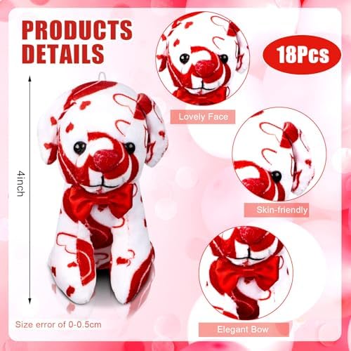 Haull 18 Pcs Valentine Heart Shaped Stuffed Animals Dogs Bulk Gifts 4" Mini Plushies Soft Small Cute Dogs Toys for Kids Adults Party Favors Home