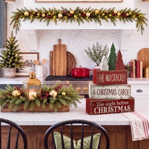 Moucuny 4 Pcs Christmas Table Decorations Rustic Christmas Tree Stacked Wooden Signs Decor Red Green and White Winter Tiered Tray Decor Xmas Table Centerpiece Farmhouse for Home Kitchen Shelf