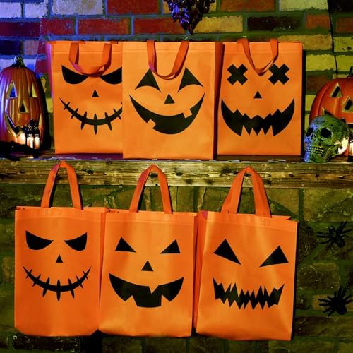 Sanwuta 150 Pcs Halloween Tote Gift Bags 14.9 x 11.8 Large Treat or Trick Pumpkin Reusable Non Woven Candy Goodies Bag for Halloween