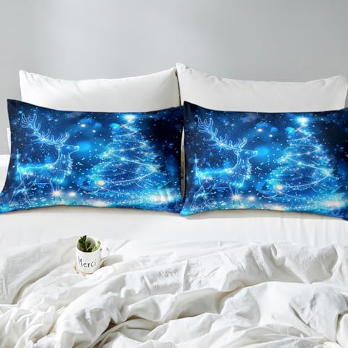 Christmas Tree Bed Sheet Set Kids Blue Girly Glitter Sheets Set 4pc Shiny Reindeer Microfiber Soft Bedding Set,1 Flat Sheet,1 Deep Pocket Fitted Sheet,2 Pillow Cases（Queen Size）