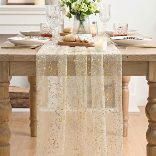 Artoid Mode Gold Gauze Champagne Table Runner 120 Inch 10FT, Glitter Metallic Foil Sheer Dining Wedding Anniversary Holiday Birthday Table Decor for Home Party