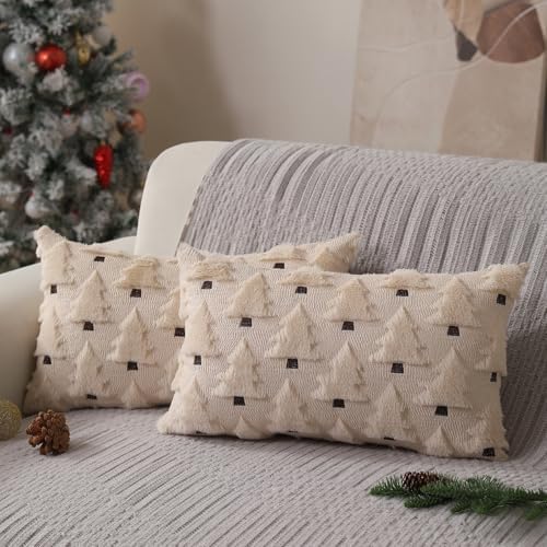 Allorry Christmas Pillow Covers 12x20 inch Set of 2 Christmas Decorations Soft Plush Faux Fur Wool Beige Christmas Tree Throw Pillow Cases Winter Holiday Decor for Sofa Living Room PT-002C12