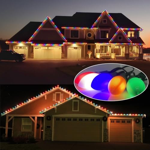 SUNSGNE C9 LED Christmas Lights Outdoor 25FT Multicolor String Lights with 27 0.6W LED Plastic Bulbs(2 Spare) for Patio Garden Roofline Backyard Décor, Green Wire