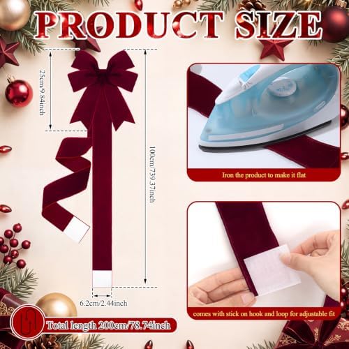 Daifunli 6 Pcs Dark Red Velvet Christmas Cabinet Bows Ribbons for Kitchen